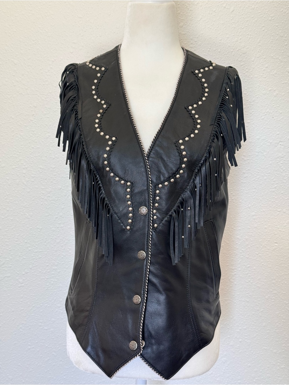 Tribe America - Black Studded Fringe Leather Vest - Women Jackets & Coats